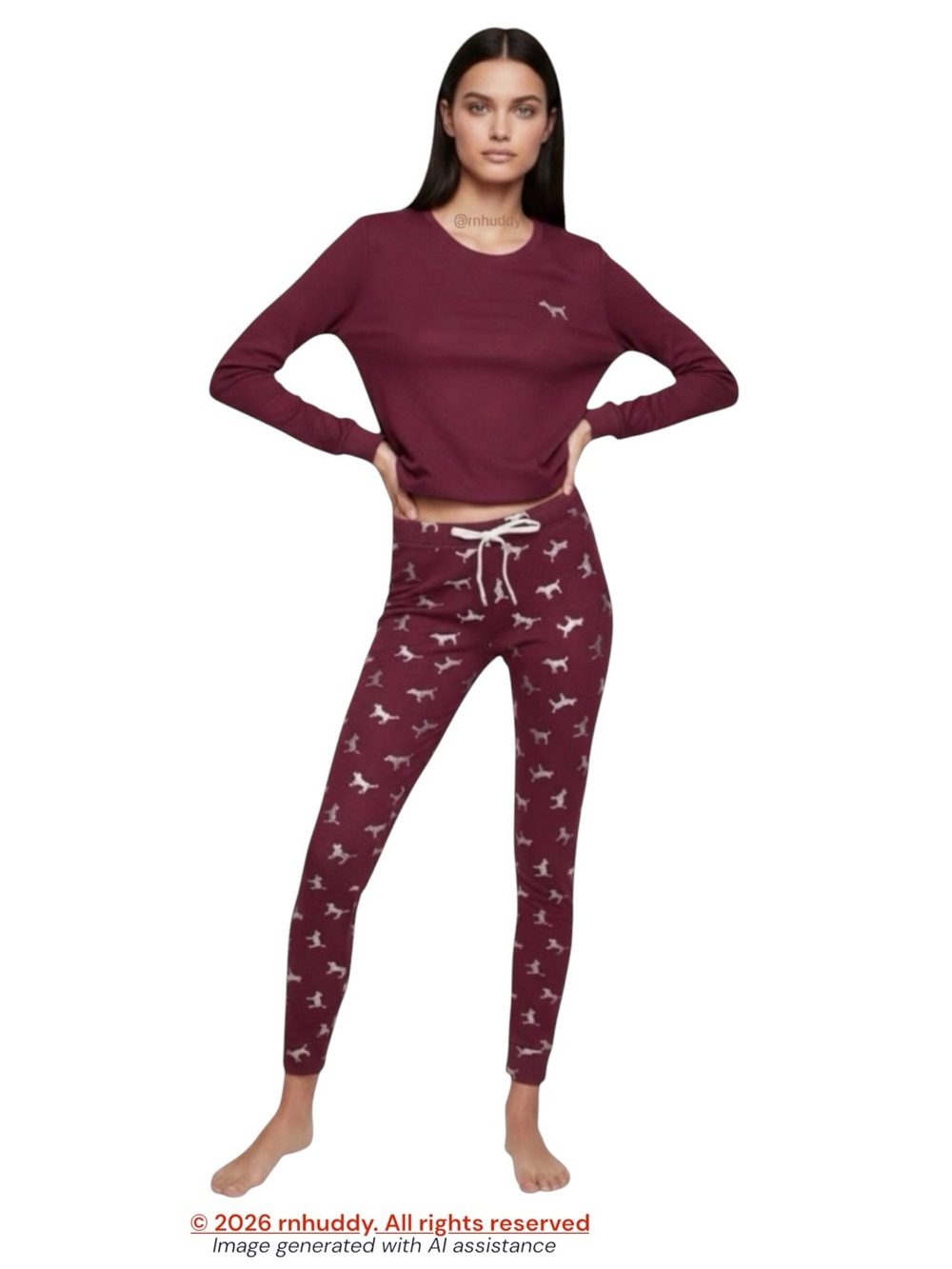 VS Pink burgundy silver dog thermal PJ set